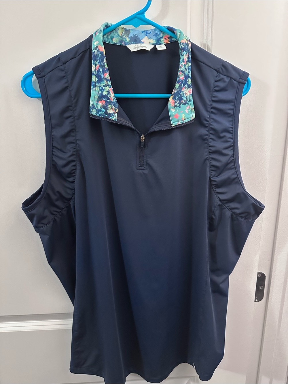 Women’s Navy Sleeveless Polo Top with Floral Trim XXL